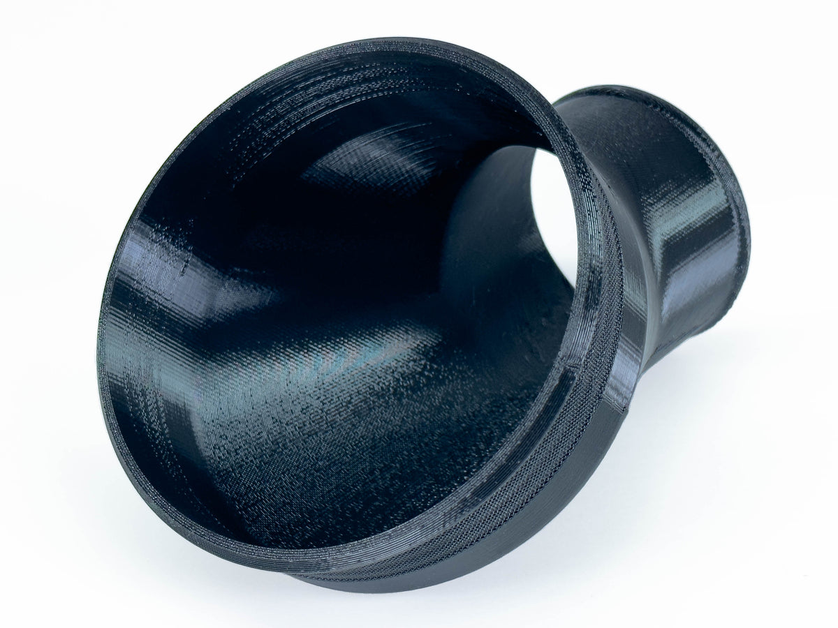 Black 45-degree dust collection reducer, nominal 4 to 2-1/2 inches; view inside the large opening.