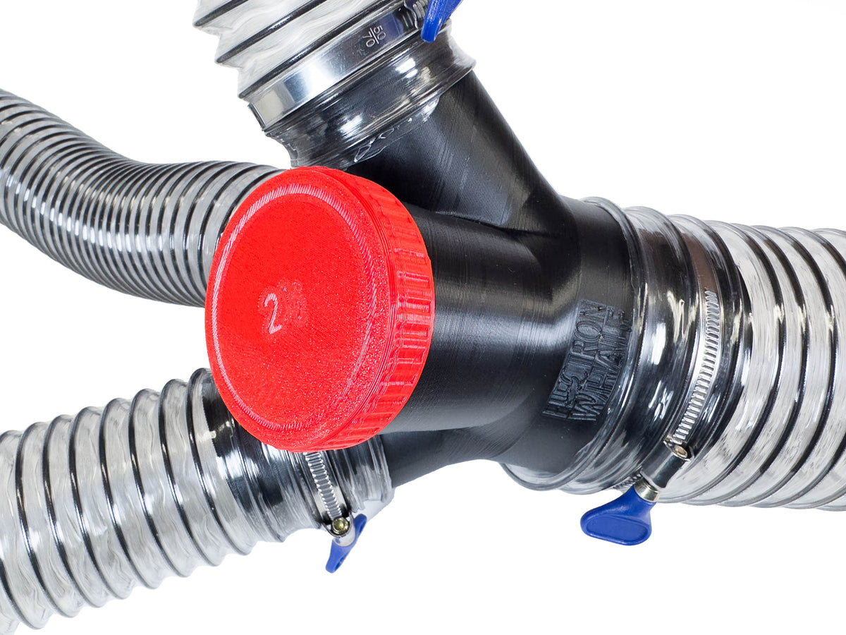 Black Dust Medusa 4-way dust collection splitter connected to example hoses with an unused branch capped; hoses and clamps are not included.