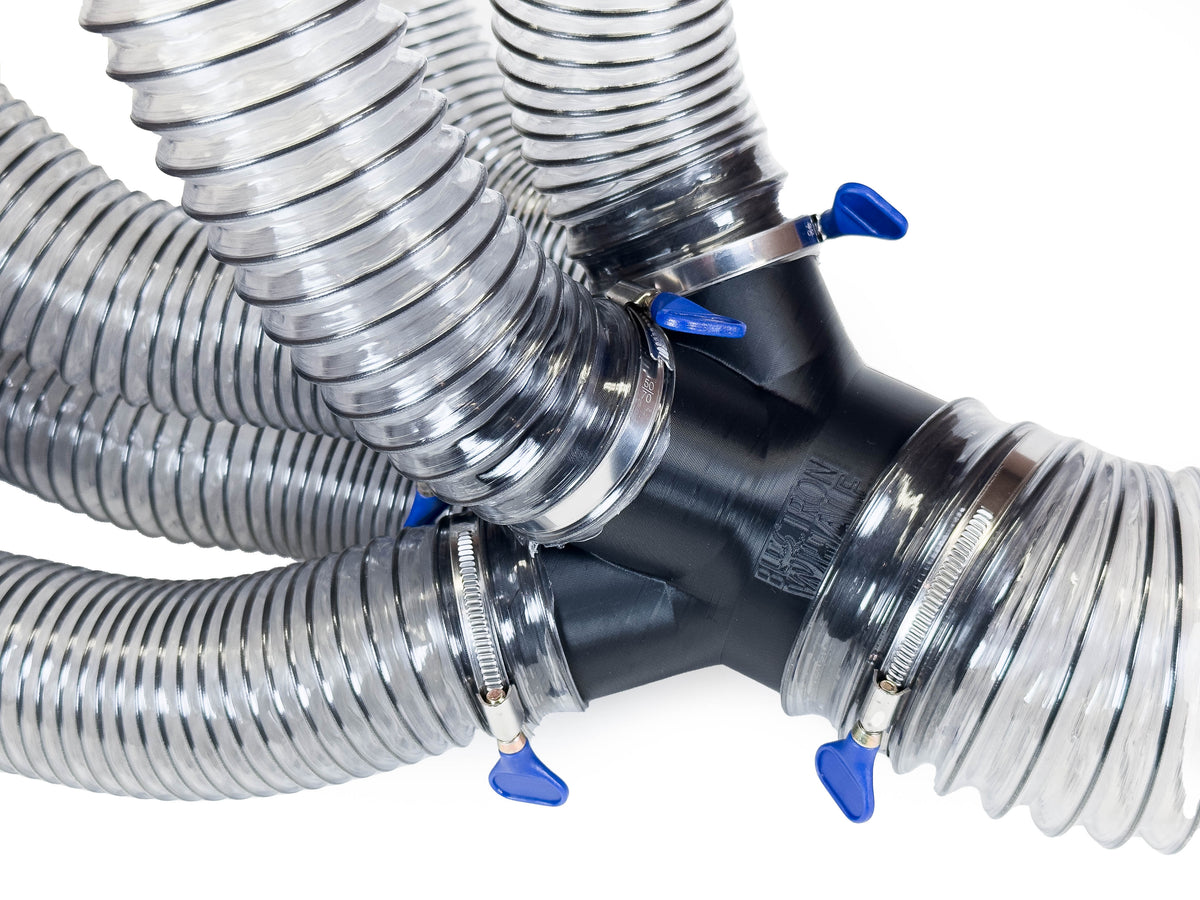 Black Dust Medusa 6-way dust collection splitter connected to example hoses, viewed from the side; hoses and clamps are not included.