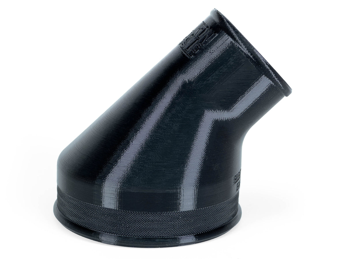 Black 45-degree dust collection reducer, nominal 4 to 2-1/2 inches; side view of the angled body.