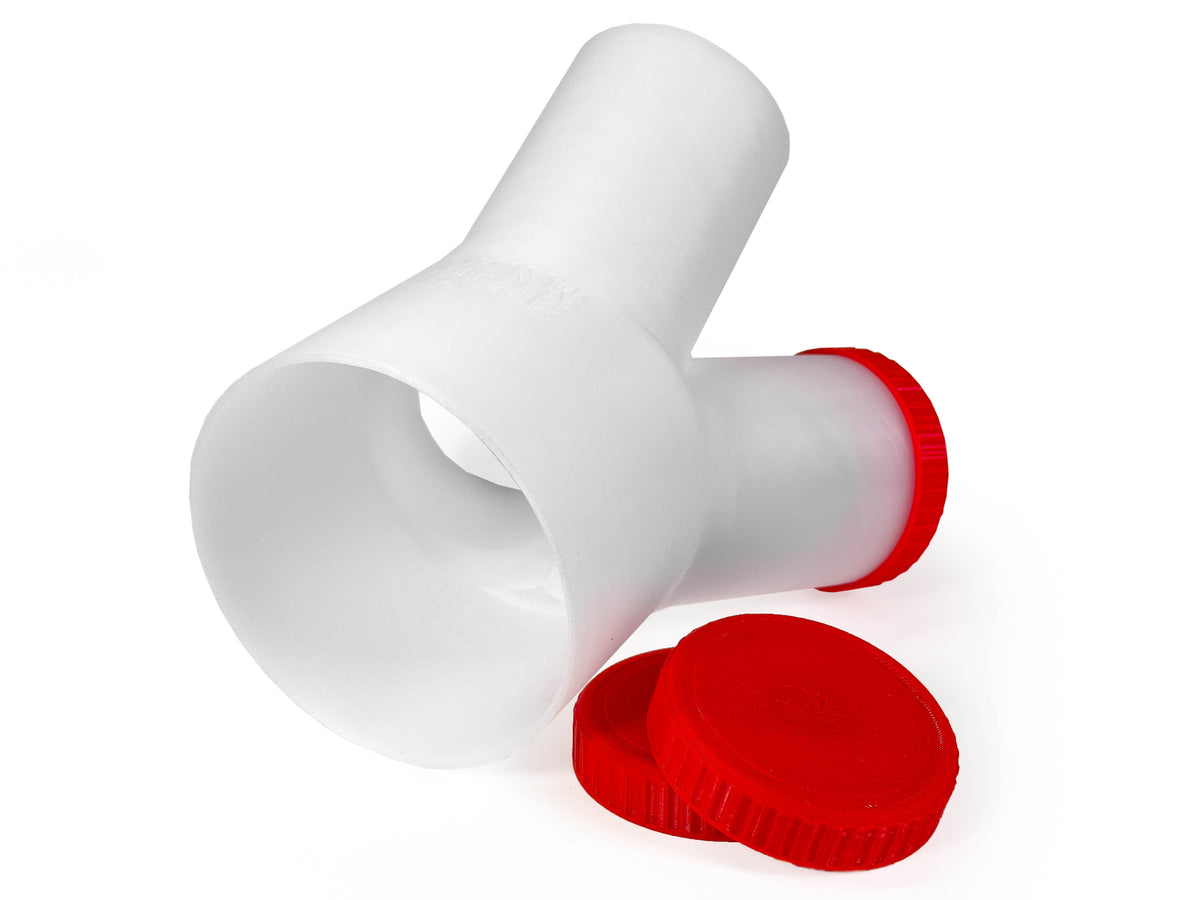 Translucent Dust Medusa 3-way dust collection splitter with a capped branch and a loose cap.