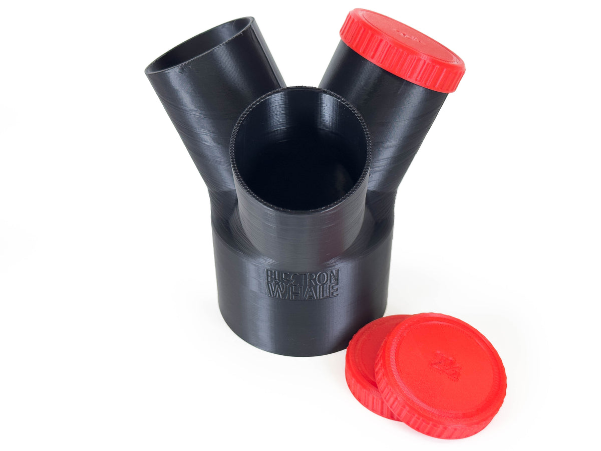 Black Dust Medusa 3-way dust collection splitter standing upright with red branch caps.