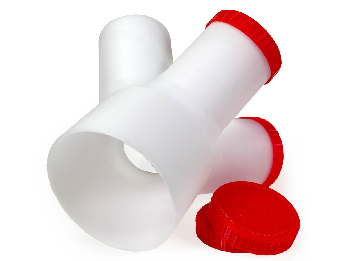 Translucent Dust Medusa 4-way dust collection splitter with a capped branch and a loose cap.