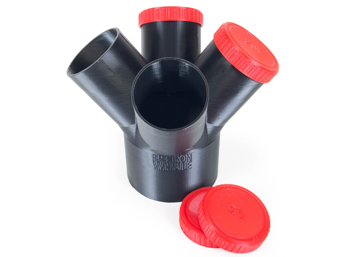 Black Dust Medusa 4-way dust collection splitter standing upright with red branch caps.