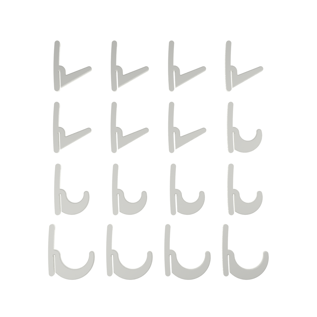 Sixteen white BearClaw shelving hooks: seven L-hooks, five J-hooks and four long J-hooks.