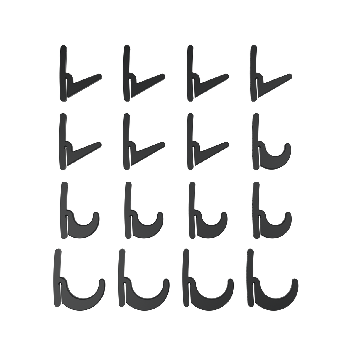 Sixteen black BearClaw shelving hooks: seven L-hooks, five J-hooks and four long J-hooks.
