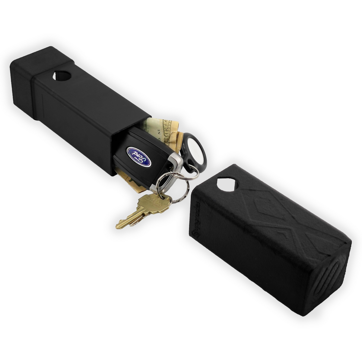 Upgraded Shorty Hidey-Hitch opened into two halves with example keys beside the compartment.