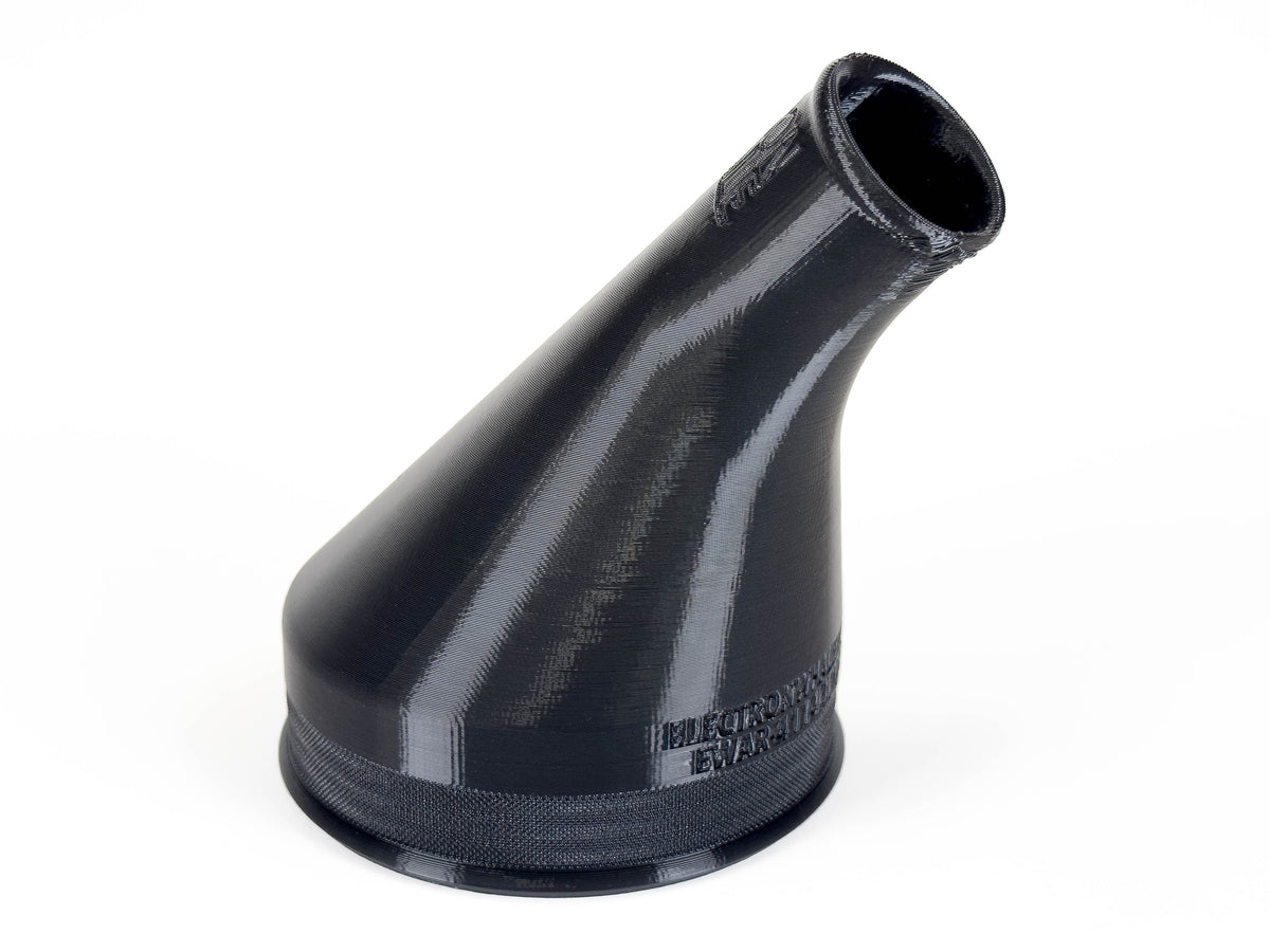 Black 45-degree dust collection reducer, nominal 4 to 1-1/4 inches; angled view showing the smaller opening.