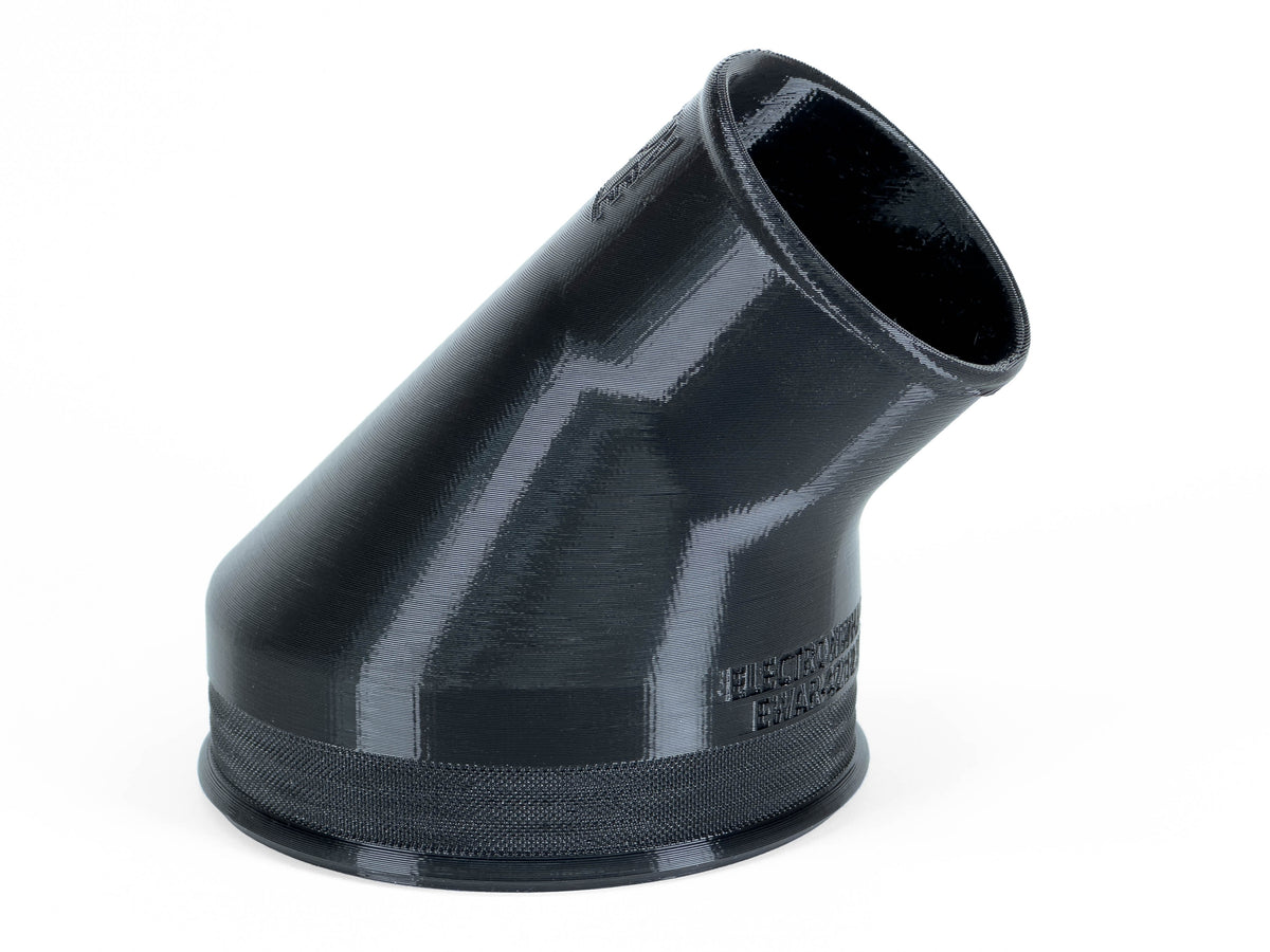 Black 45-degree dust collection reducer, nominal 4 to 2-1/2 inches; angled view showing the smaller opening.