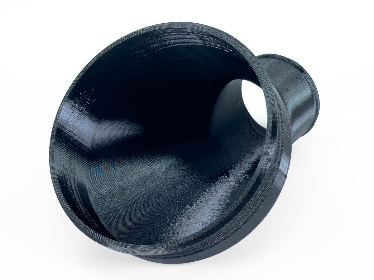 Black 45-degree dust collection reducer, nominal 4 to 1-7/8 inches; view inside the large opening.