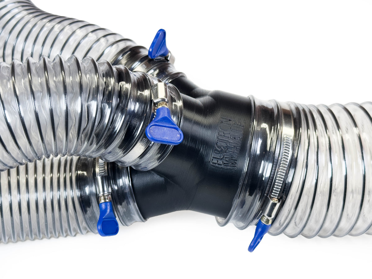 Black Dust Medusa 3-way dust collection splitter connected to example hoses; hoses and clamps are not included.
