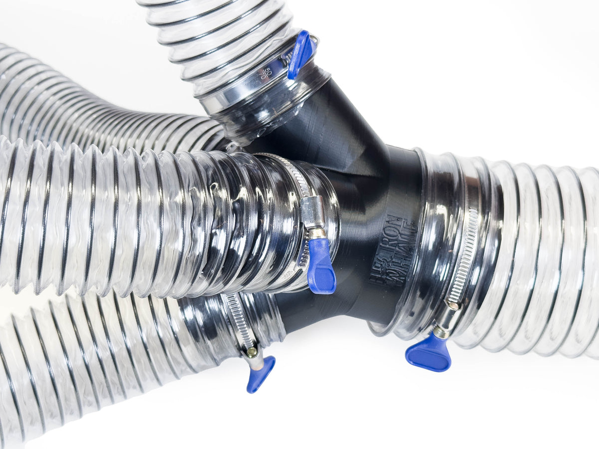 Black Dust Medusa 4-way dust collection splitter connected to example hoses; hoses and clamps are not included.
