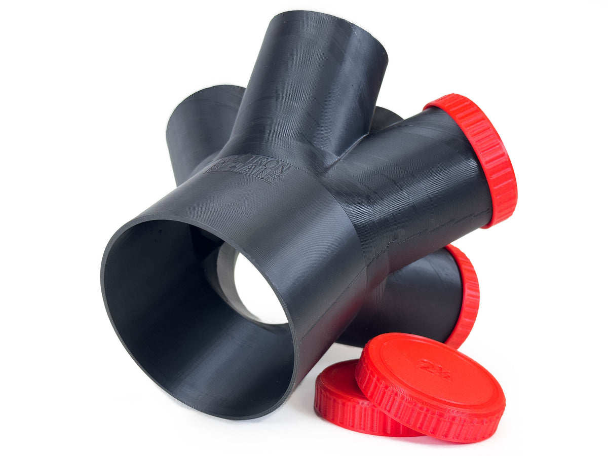 Black Dust Medusa 6-way dust collection splitter angled to show the main opening and branch arrangement.