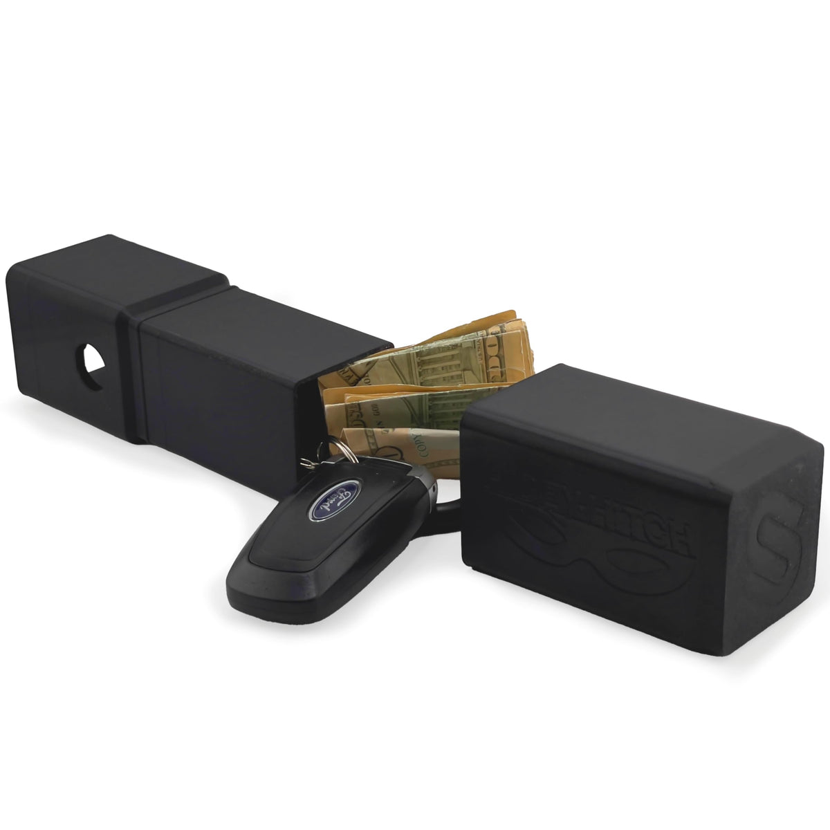 Original Shorty Hidey-Hitch open with a key and small items illustrating its compartment.
