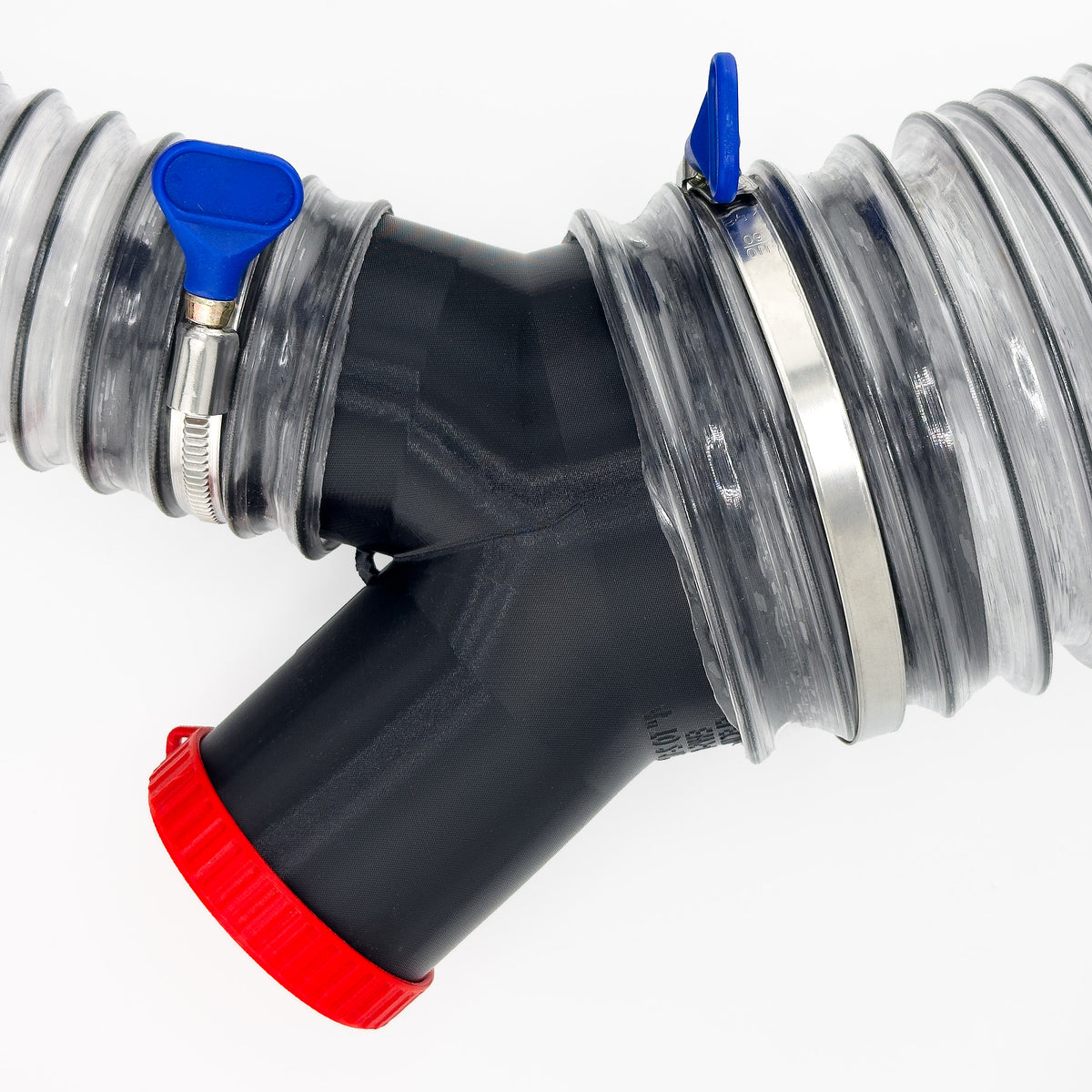 Black Dust Medusa 2-way dust collection splitter connected to example hoses with one branch capped; hoses and clamps are not included.