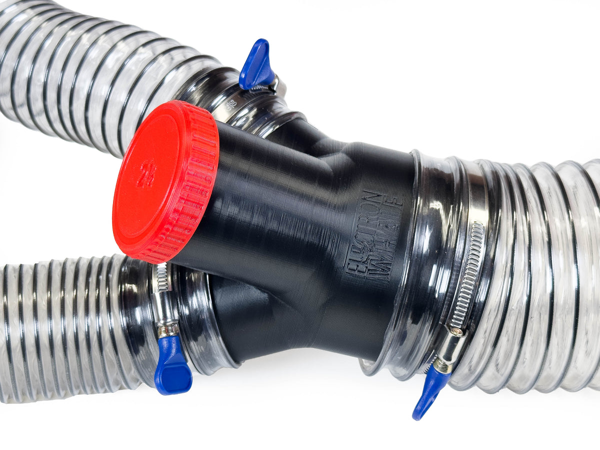 Black Dust Medusa 3-way dust collection splitter connected to example hoses with an unused branch capped; hoses and clamps are not included.