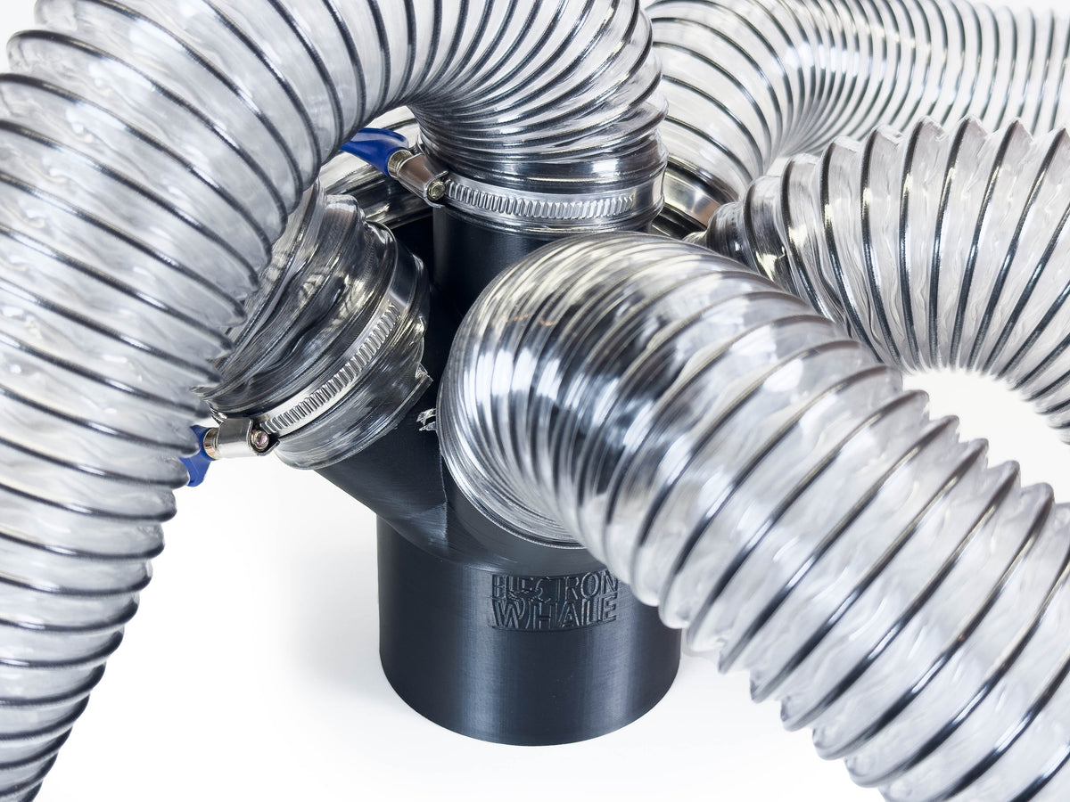 Black Dust Medusa 6-way dust collection splitter connected to example hoses, viewed from above; hoses and clamps are not included.