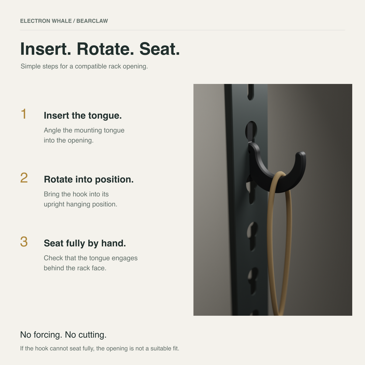 Black BearClaw installation: insert the tongue, rotate into position and seat fully by hand; no forcing or cutting.