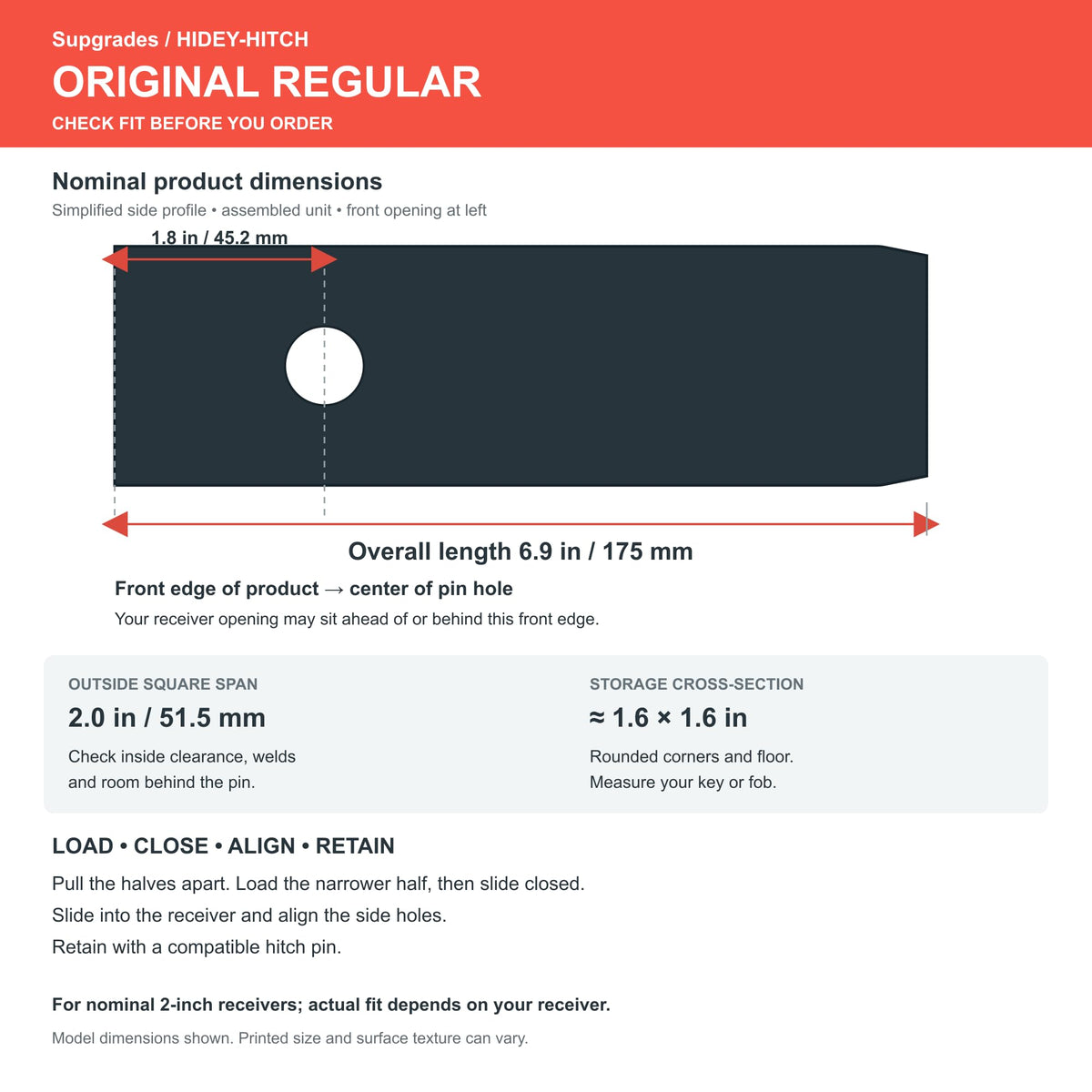 Original Regular fit guide with overall length and receiver dimensions; check receiver depth and pin alignment before ordering.
