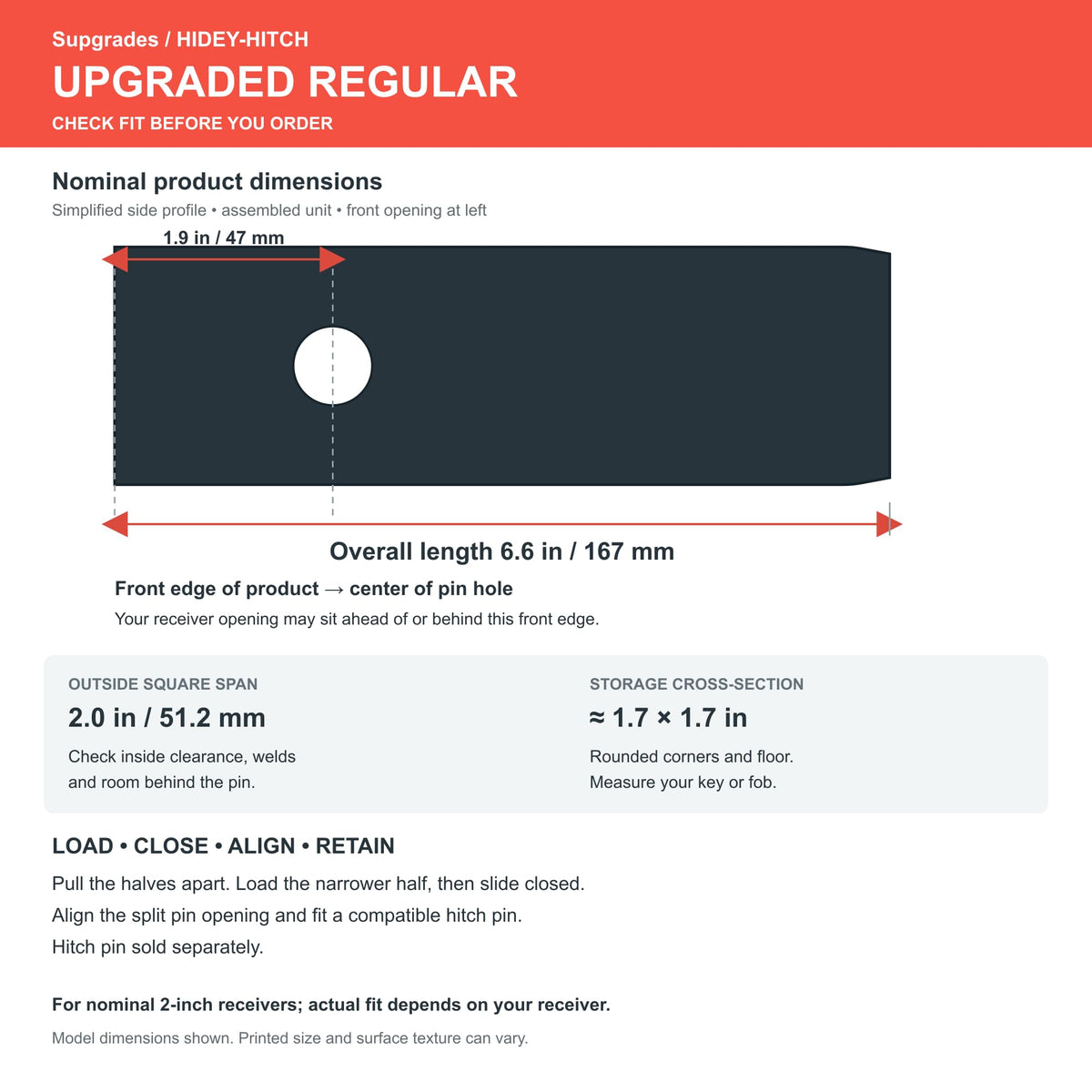Upgraded Regular fit guide with overall length and receiver dimensions; check receiver depth and pin alignment before ordering.