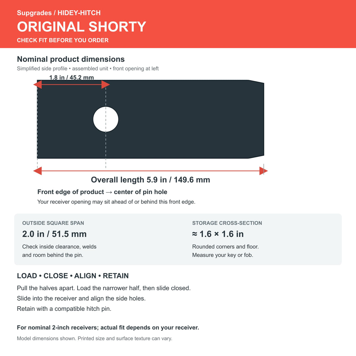 Original Shorty fit guide with overall length and receiver dimensions; check receiver depth and pin alignment before ordering.