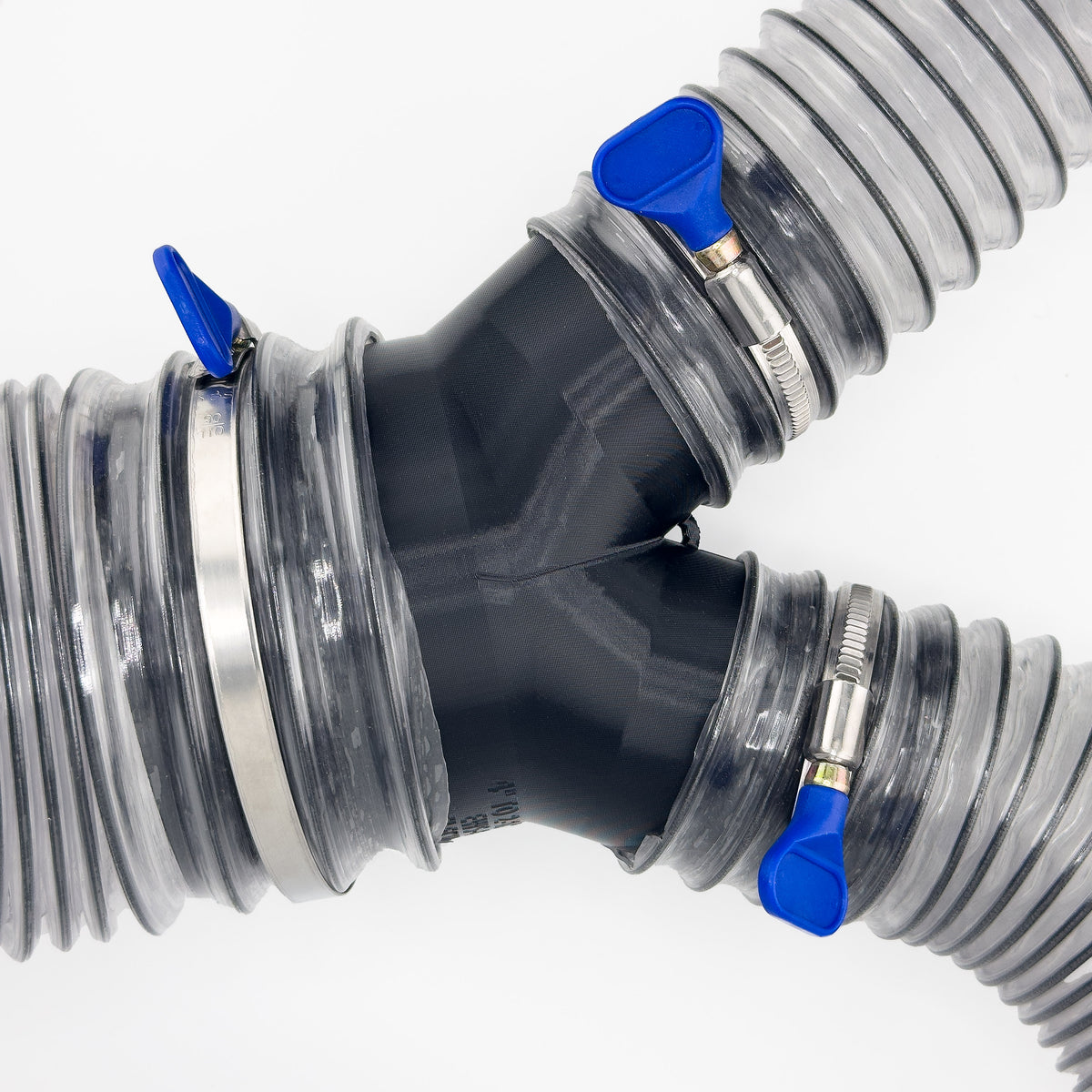 Black Dust Medusa 2-way dust collection splitter connected to example hoses on both branches; hoses and clamps are not included.