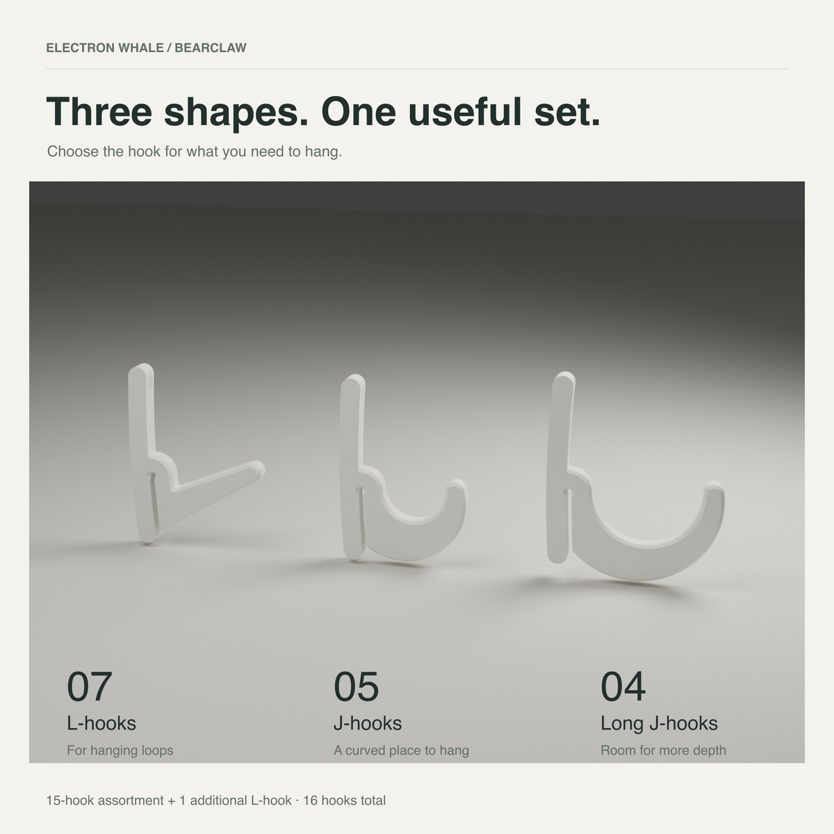 White BearClaw hook profiles: L-hook, J-hook and long J-hook shown side by side.