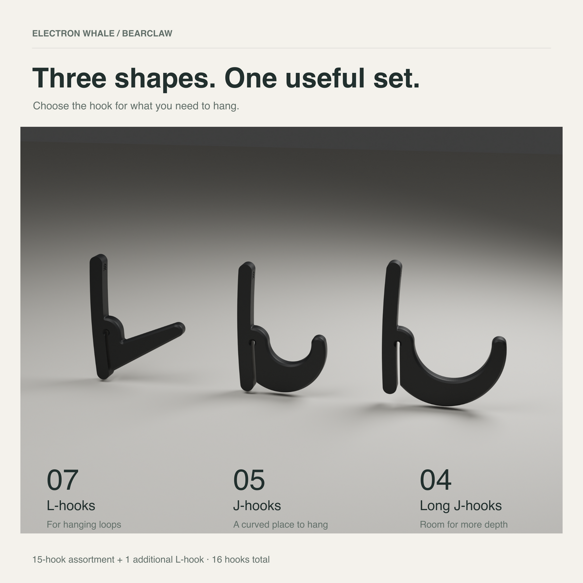 Black BearClaw hook profiles: L-hook, J-hook and long J-hook shown side by side.