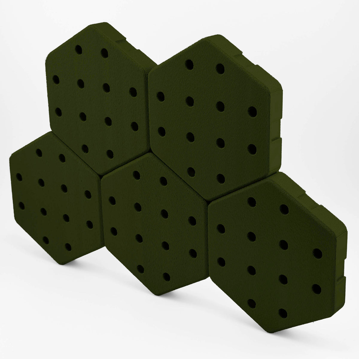 Five connected Hexboard hexagon pegboard tiles in Army Green.